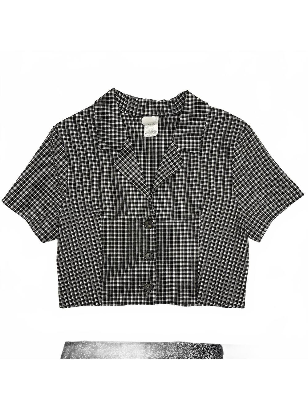 Vintage Twik Gingham Pattern Crop Short Sleeve Button Up Sz L Minimalist 90s